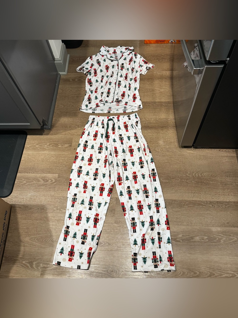 Women's Nutcracker Print Pajama Set - White with Red & Green